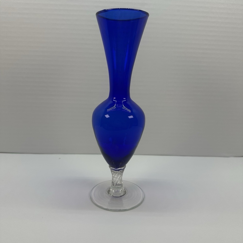 Vintage Hand Blown Cobalt Blue Glass 8" Bud Vase On Twisted Pedestal Base